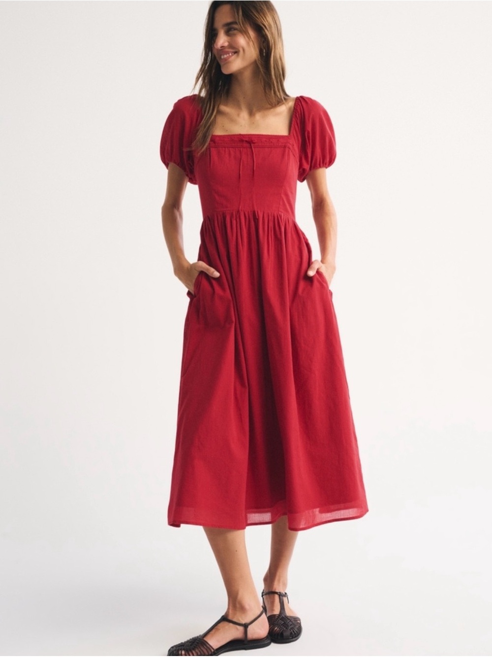 Abercrombie & Fitch Red Square-Neck Puff-Sleeve Midi Dress